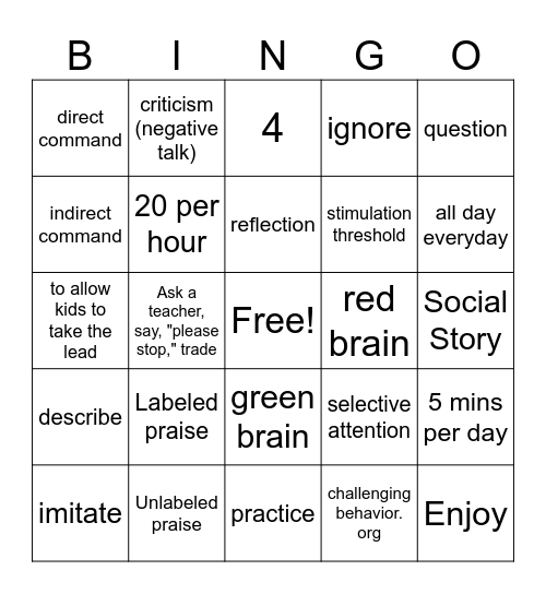 PCIT PRIDE Skill Bingo Card