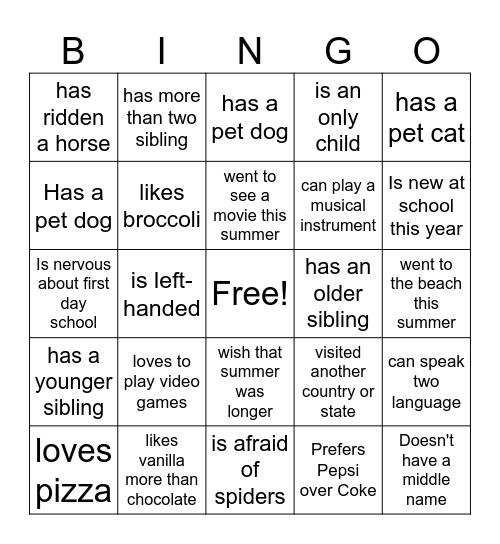 Back to School Bingo Card