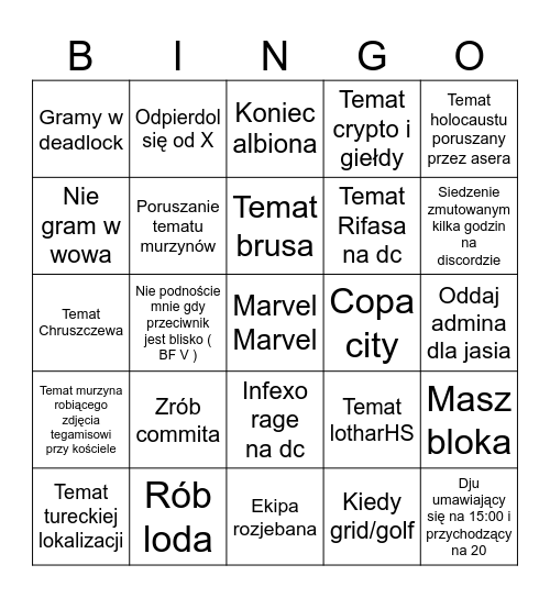 Bingo gamingowych wariatów Bingo Card