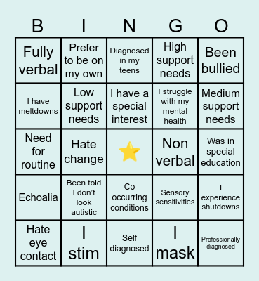 Autism (ASD) Bingo Card
