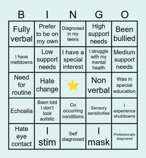 Autism (ASD) Bingo Card