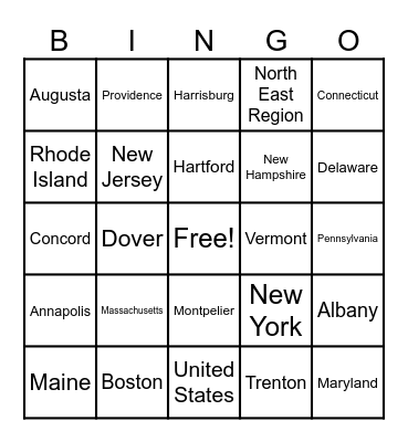 North East Region States and Capitals Bingo Card