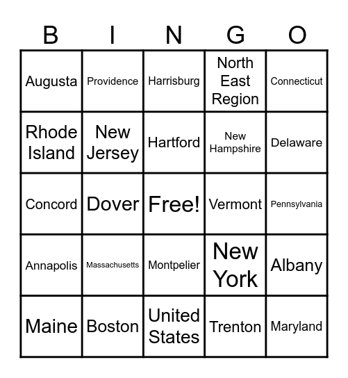 North East Region States and Capitals Bingo Card