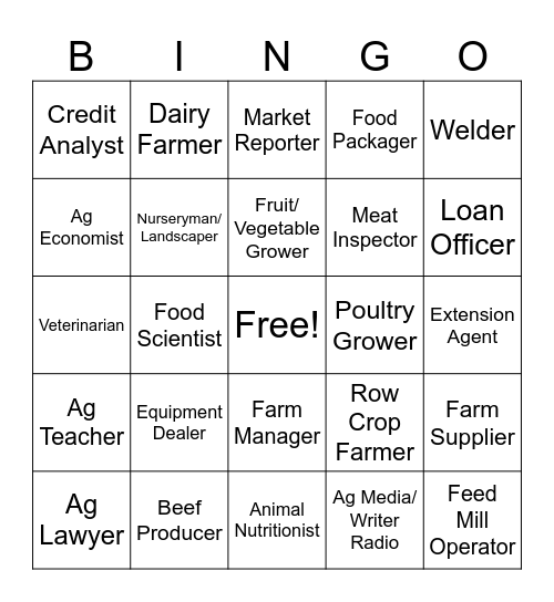 Agriculture Careers Bingo Card