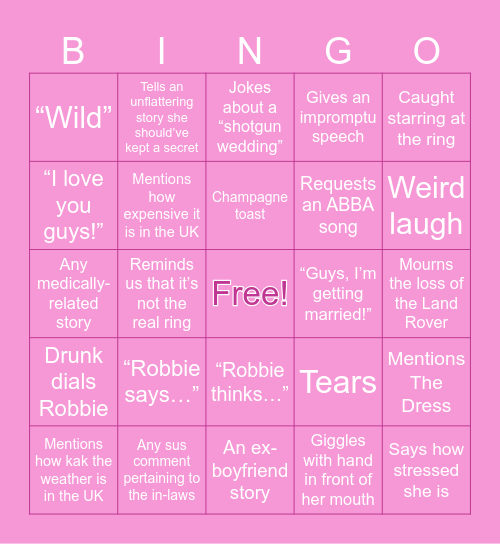 KATE’S BACHELORETTE Bingo Card