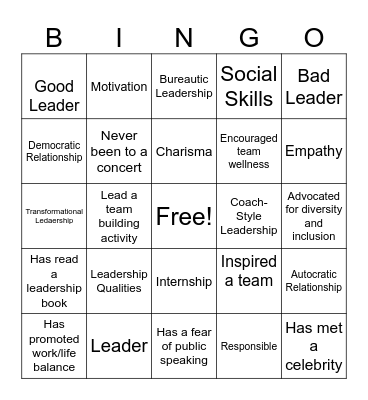 Leadership bingo Card