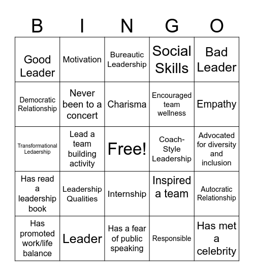 Leadership bingo Card