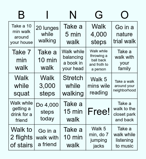 Walking Challenge Bingo Card