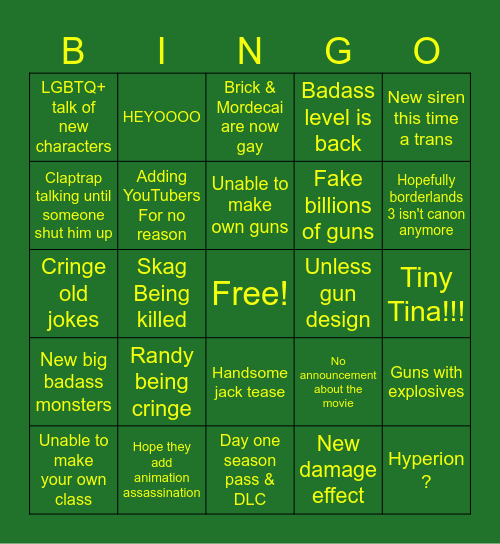 Borderlands 4 Bingo Card