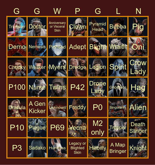 KiazRell's Twitch Stream Dead by Daylight Killer Bingo Card