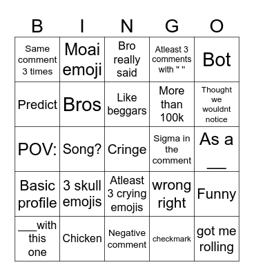Yt comments Bingo Card