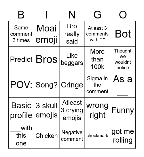 Yt comments Bingo Card