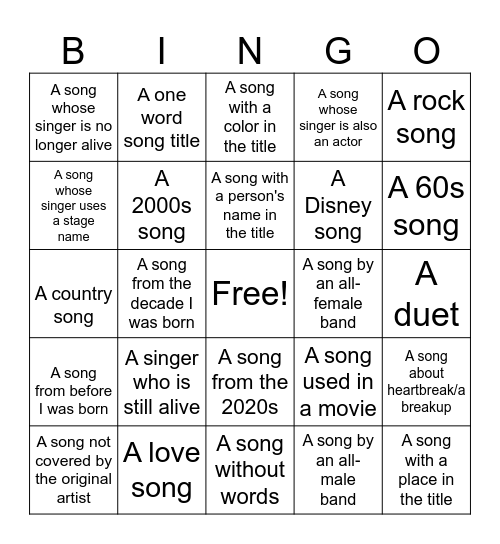 Shuffle Playlist Bingo Card