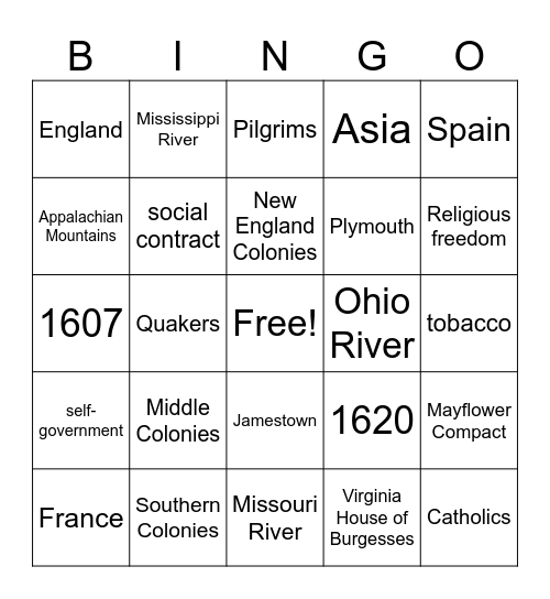 Exploration to Colonization Bingo Card