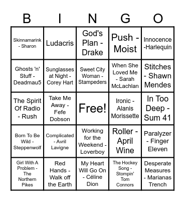 Canadian Hits/Artists Bingo Card