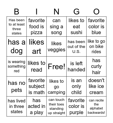 Get to know each other bingo! Bingo Card