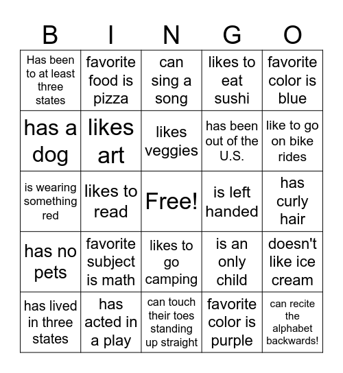 Get to know each other bingo! Bingo Card