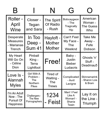 Canadian Hits Bingo Card