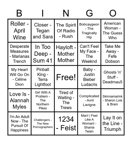 Canadian Hits Bingo Card