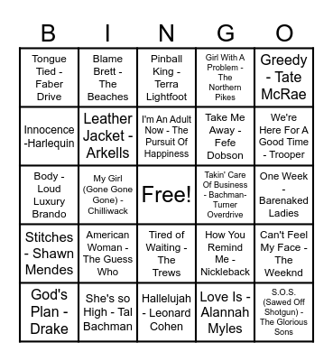 Canadian Hits Bingo Card