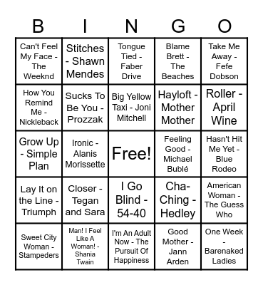 Canadian Hits Bingo Card