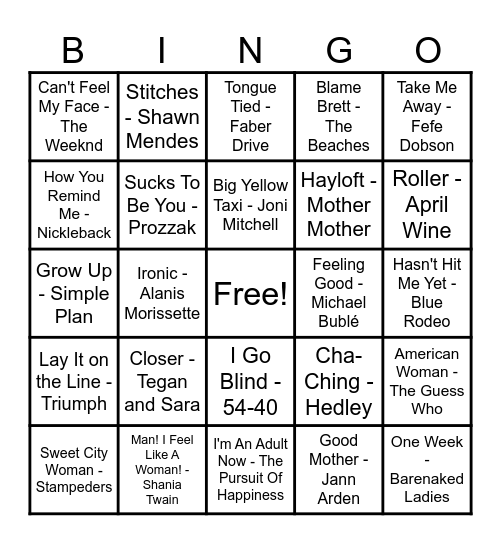 Canadian Hits Bingo Card
