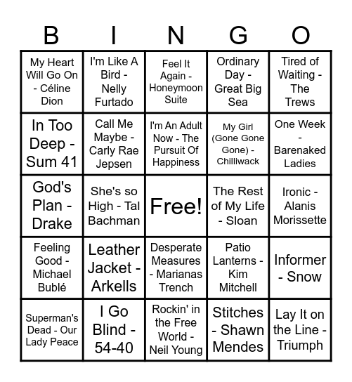 Canadian Hits Bingo Card