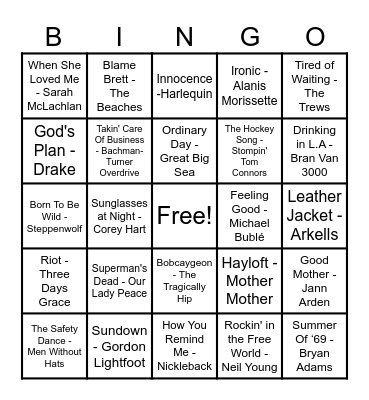 Canadian Hits Bingo Card