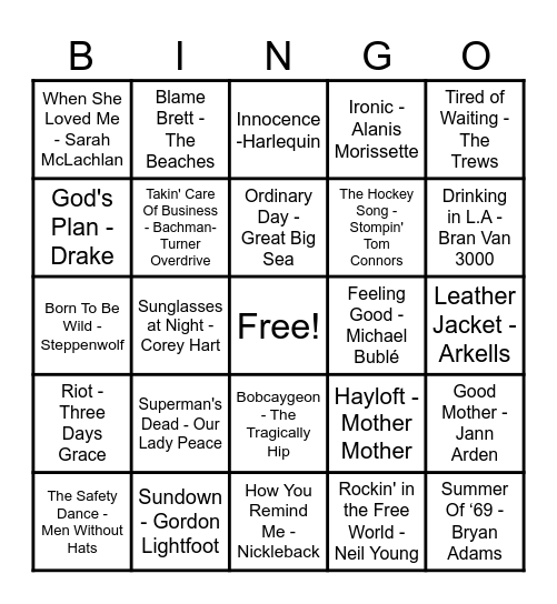 Canadian Hits Bingo Card