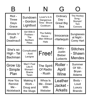 Canadian Hits Bingo Card
