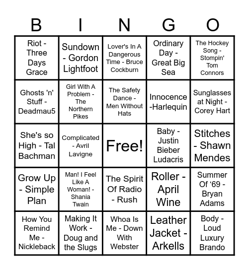 Canadian Hits Bingo Card