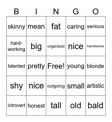 Adjectives Bingo Card