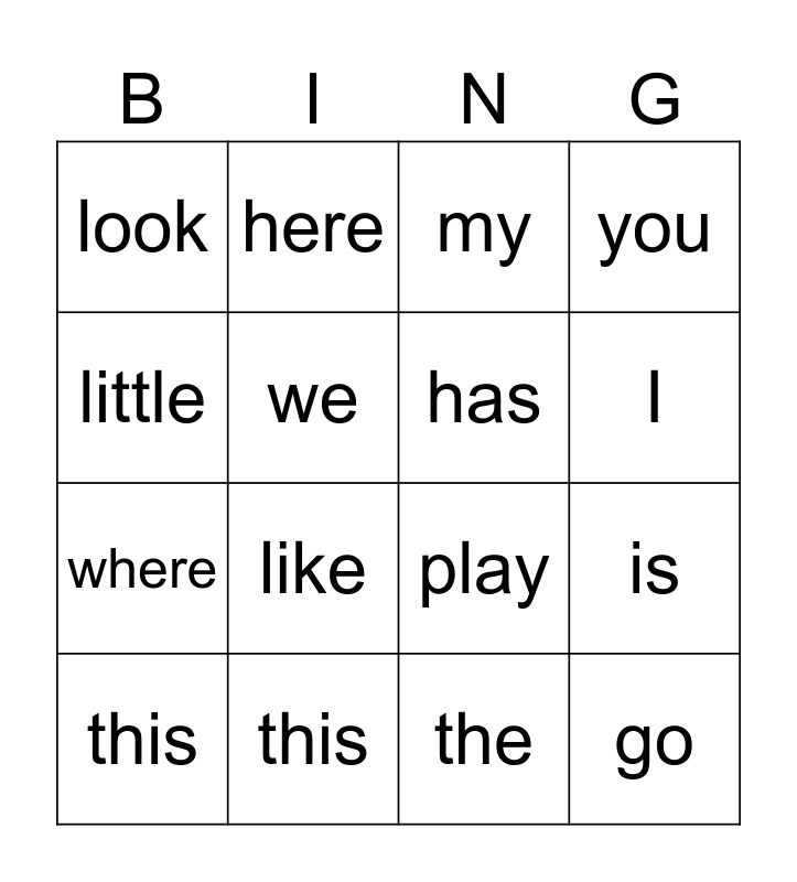 High Frequency Words Bingo Card