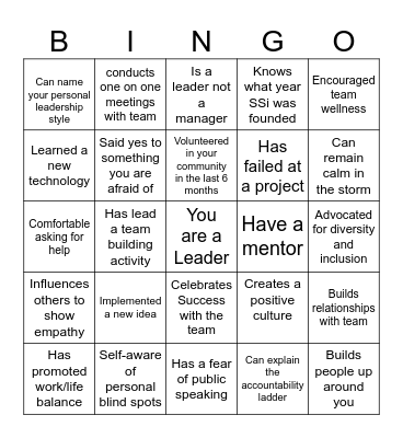 Leadership bingo Card