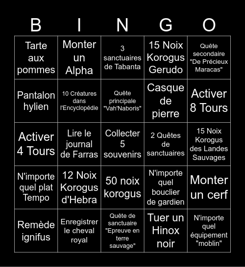 Nozarya Zelda Bingo Card