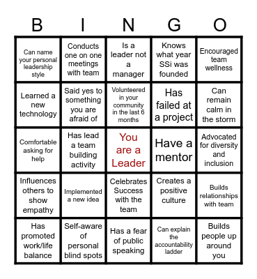 Leadership bingo Card