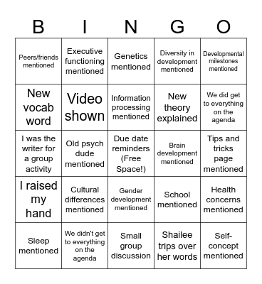 Child and Adolescent Bingo Card