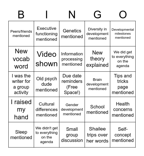 Child and Adolescent Bingo Card