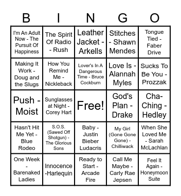 Canadian Hits Bingo Card