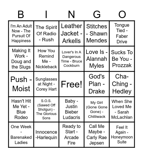 Canadian Hits Bingo Card
