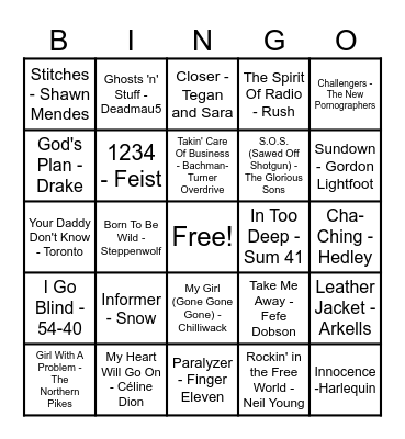 Canadian Hits Bingo Card