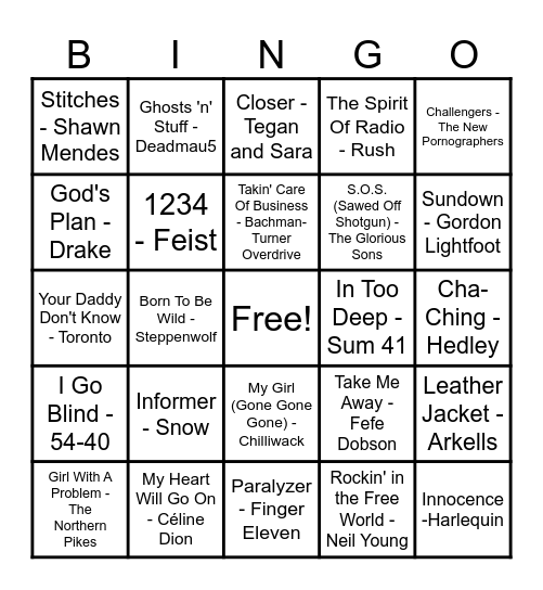 Canadian Hits Bingo Card