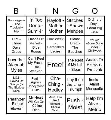 Canadian Hits Bingo Card