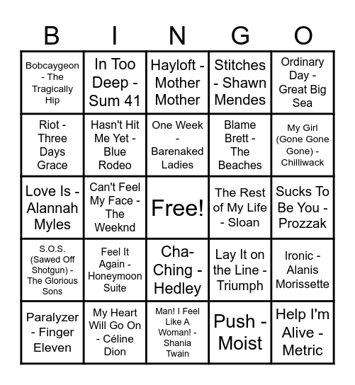 Canadian Hits Bingo Card