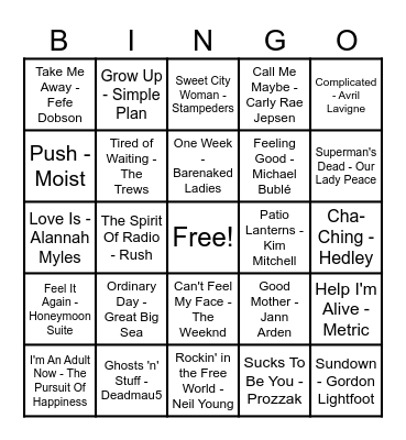 Canadian Hits Bingo Card