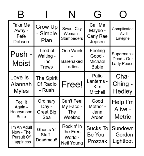 Canadian Hits Bingo Card