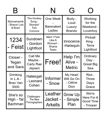 Canadian Hits Bingo Card