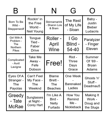 Canadian Hits Bingo Card