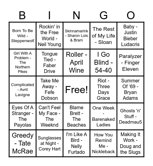 Canadian Hits Bingo Card