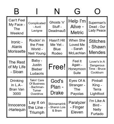 Canadian Hits Bingo Card
